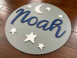 Baby Name Sign Stars and Moon Round Wood Sign
