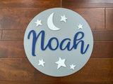 Baby Name Sign Stars and Moon Round Wood Sign