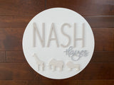 Name Sign for Nursery Safari Animals Round Wooden Sign