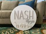 Name Sign for Nursery Safari Animals Round Wooden Sign