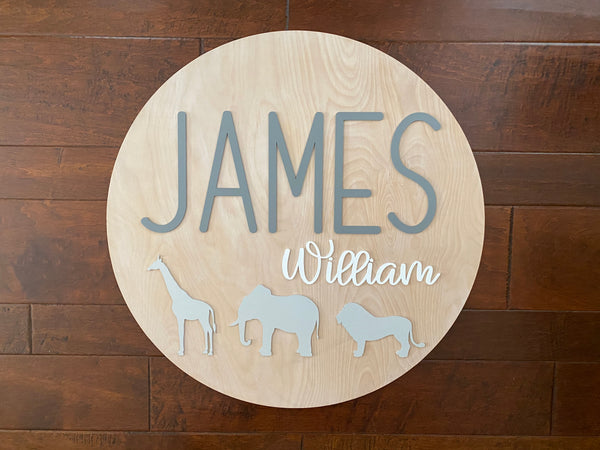 Nursery Name Sign Safari Animals Round Wooden Sign