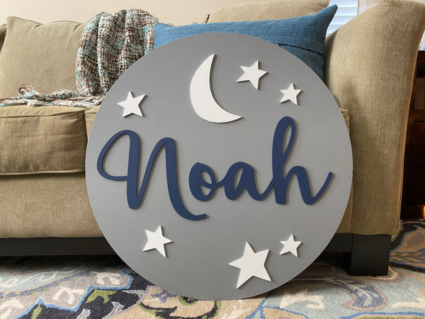 Baby Name Sign Stars and Moon Round Wood Sign
