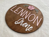 Nursery Name Sign for a Baby Girl Round Wooden Sign