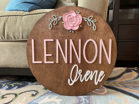 Nursery Name Sign for a Baby Girl Round Wooden Sign