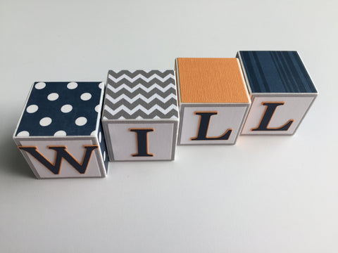 Baby Name Blocks - Navy Orange Gray